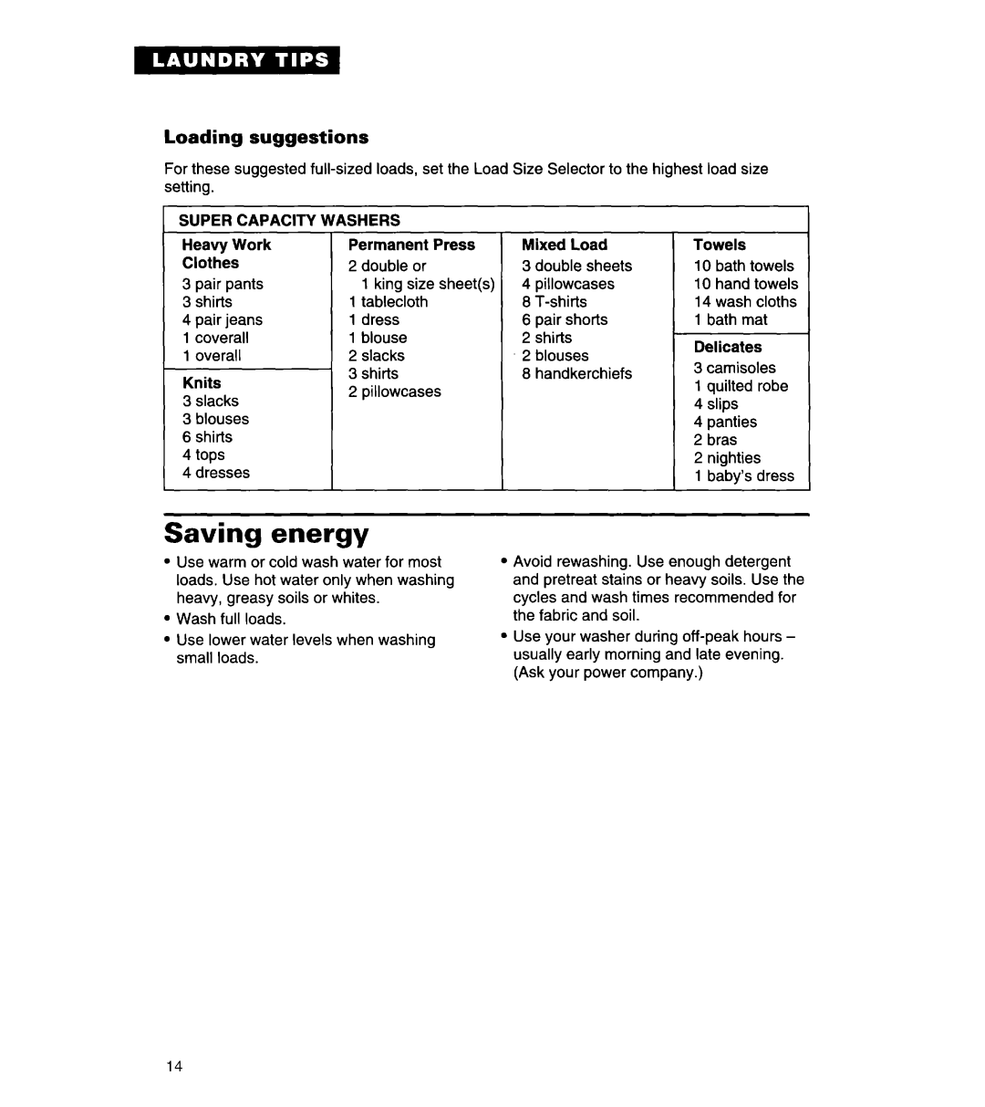 Whirlpool 8LSR5233EZ0 warranty Saving energy, Loading suggestions, Washers 