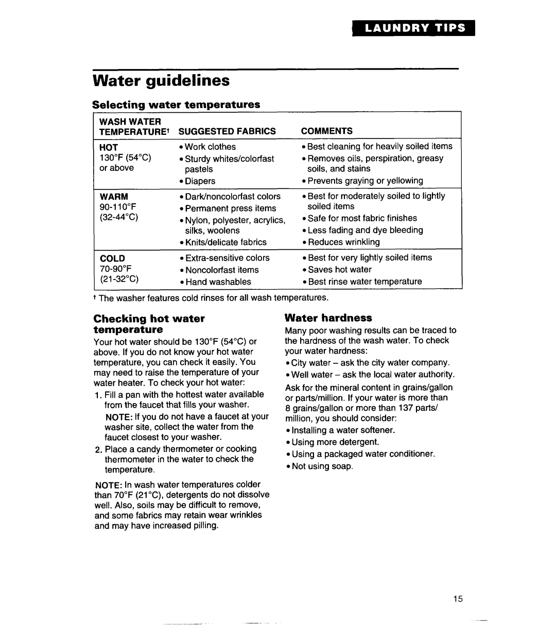 Whirlpool 8LSR5233EZ0 Water guidelines, Selecting water, Temperatures, Checking hot water temperature, Water hardness 