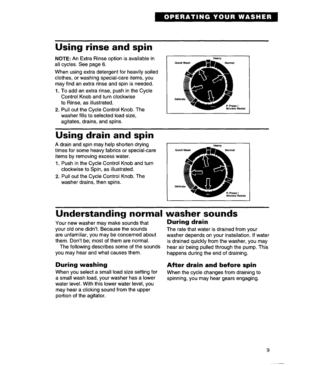 Whirlpool 8LSR5233EZ0 warranty Using rinse and spin, Using drain and spin, Understanding normal, Washer sounds 