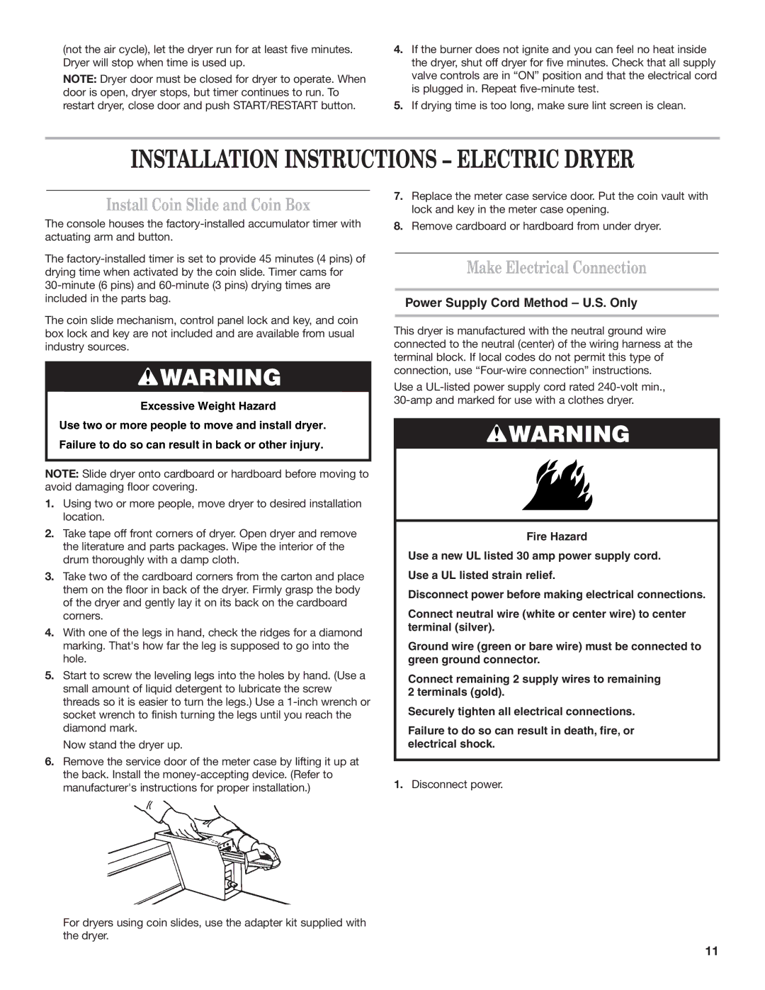 Whirlpool 8TCEM2760KQ0 installation instructions Make Electrical Connection, Power Supply Cord Method U.S. Only 