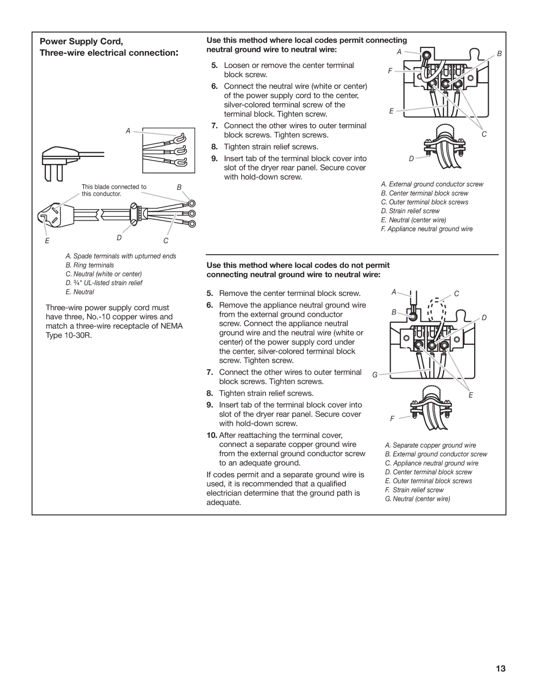 Whirlpool 8TCEM2760KQ0 installation instructions Power Supply Cord, Three-wire electrical connection, Edc 