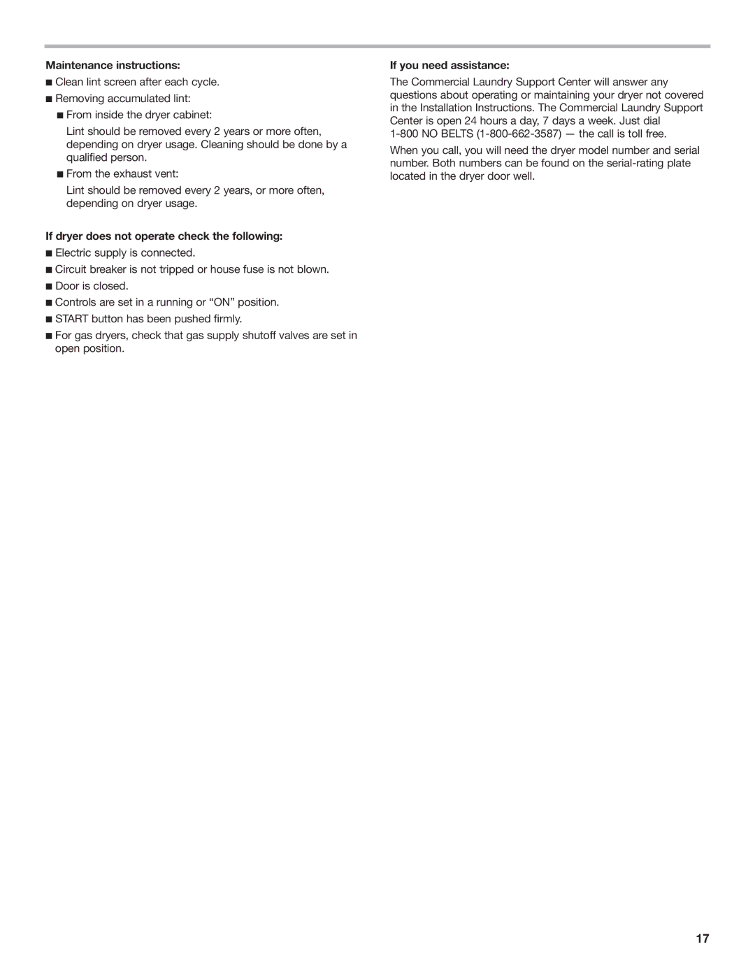 Whirlpool 8TCEM2760KQ0 installation instructions Maintenance instructions 