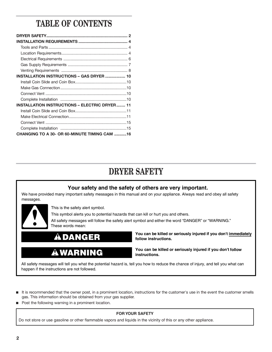 Whirlpool 8TCEM2760KQ0 installation instructions Dryer Safety 