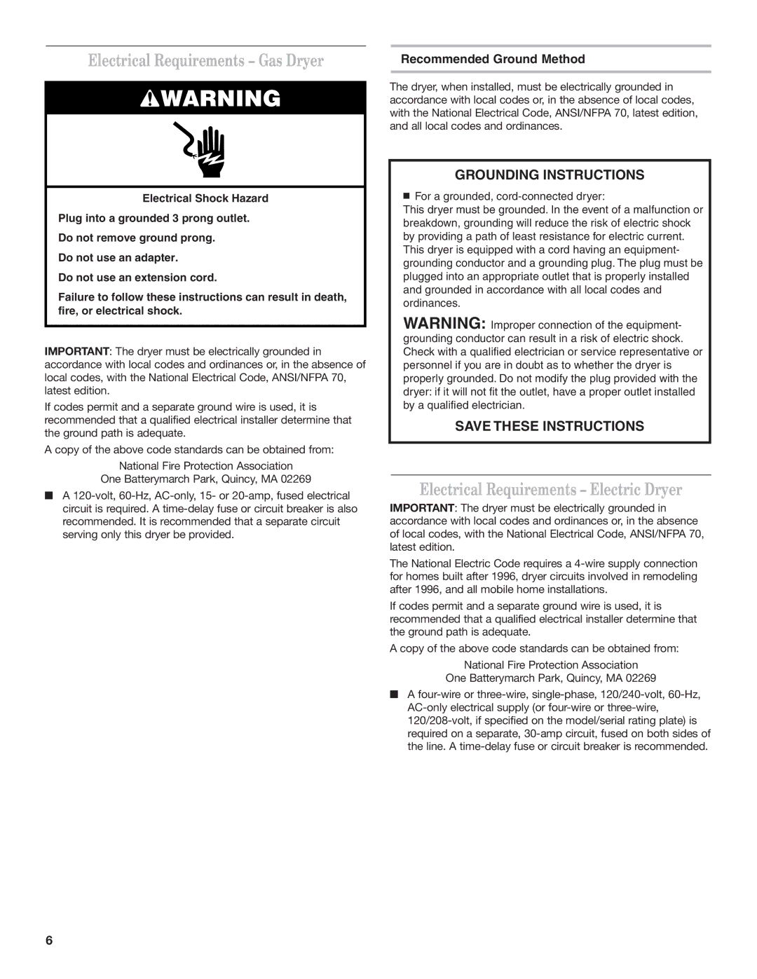 Whirlpool 8TCEM2760KQ0 installation instructions Electrical Requirements Gas Dryer, Electrical Requirements Electric Dryer 