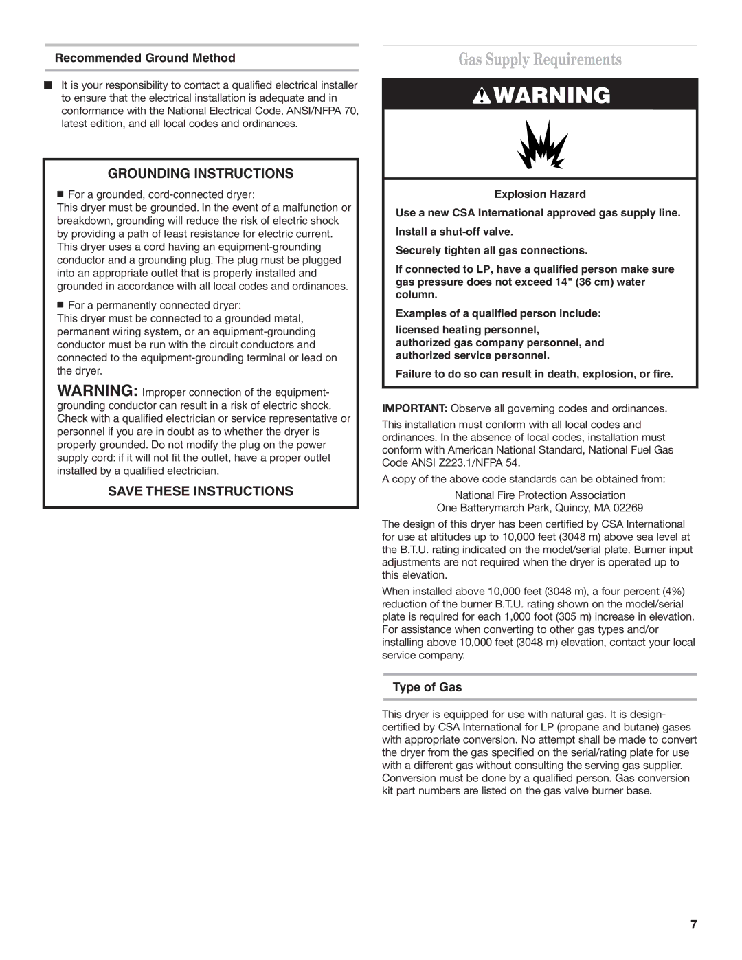 Whirlpool 8TCEM2760KQ0 installation instructions Gas Supply Requirements, Type of Gas 