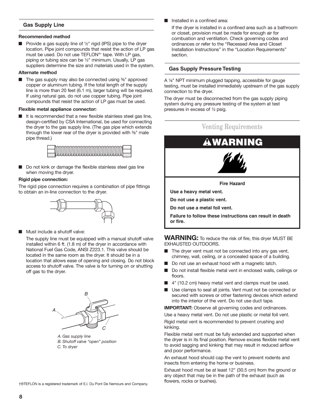 Whirlpool 8TCEM2760KQ0 installation instructions Venting Requirements, Gas Supply Line, Gas Supply Pressure Testing 