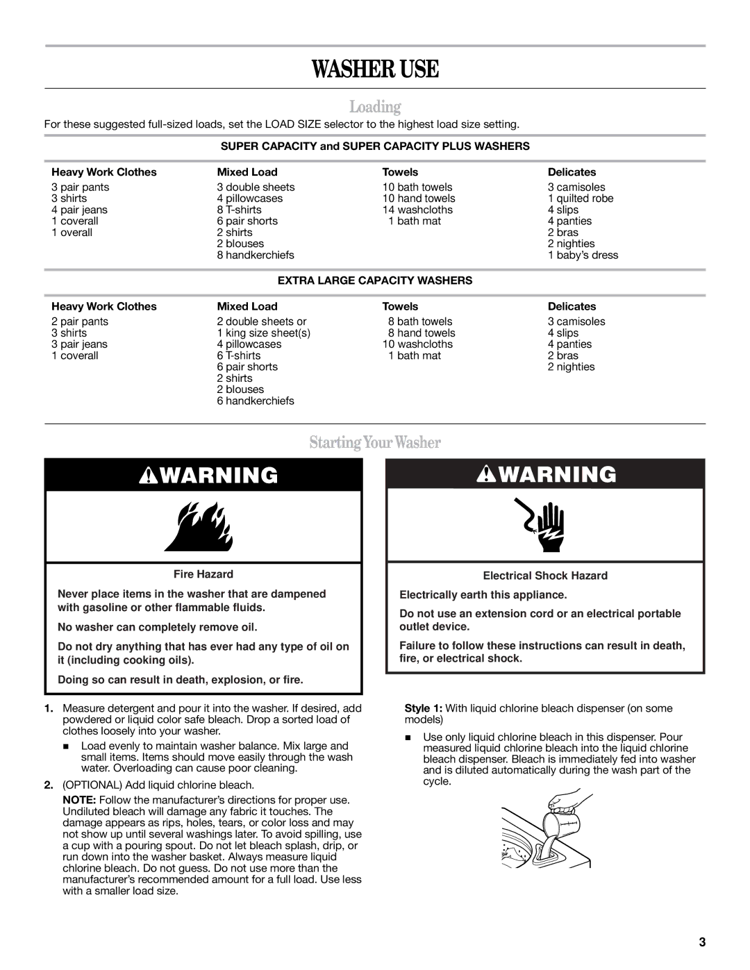 Whirlpool 8TLSQ8533LT1 warranty Washer USE, Loading, StartingYourWasher, Heavy Work Clothes Mixed Load Towels Delicates 