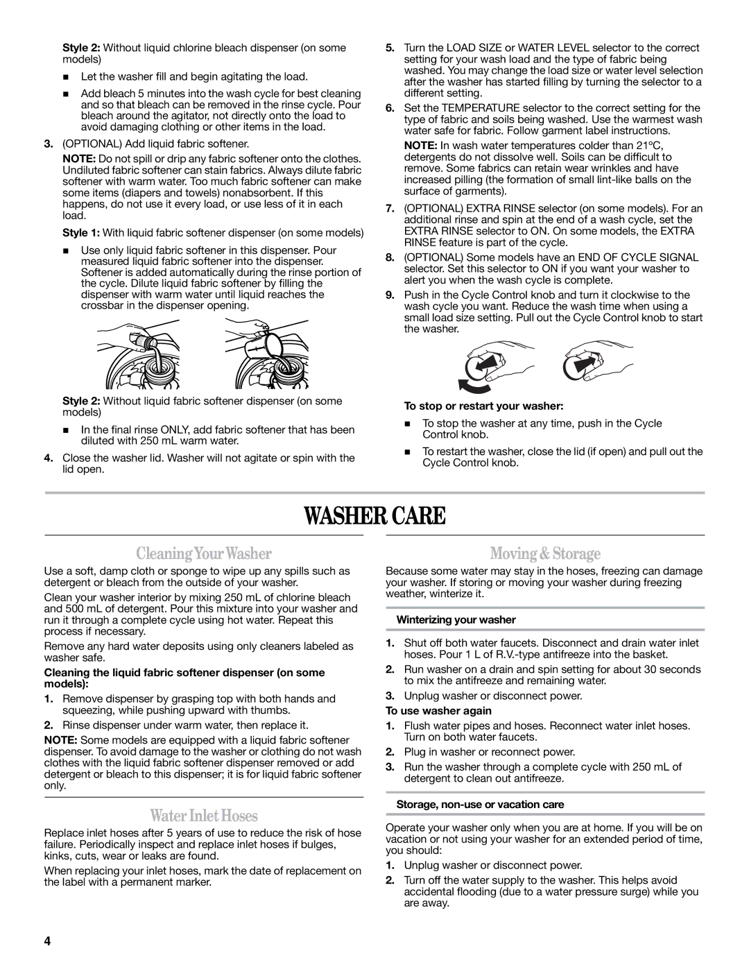 Whirlpool 8TLSQ8533LT1 warranty Washer Care, CleaningYourWasher, Water InletHoses, Moving &Storage 