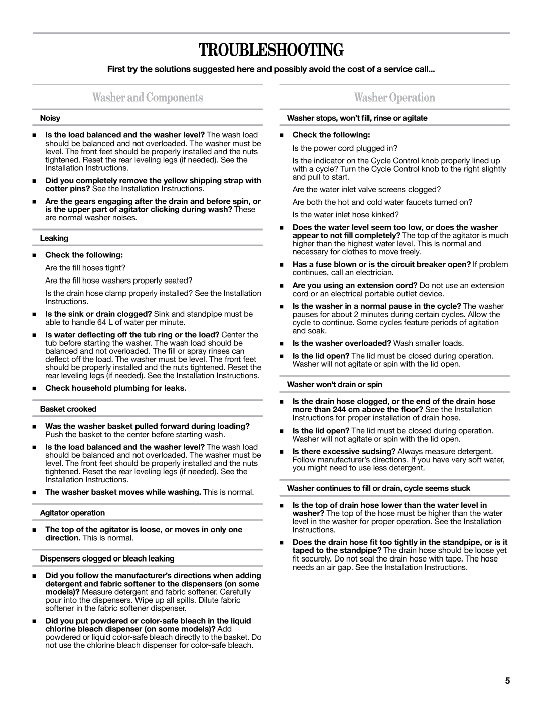 Whirlpool 8TLSQ8533LT1 warranty Troubleshooting, Washer andComponents 