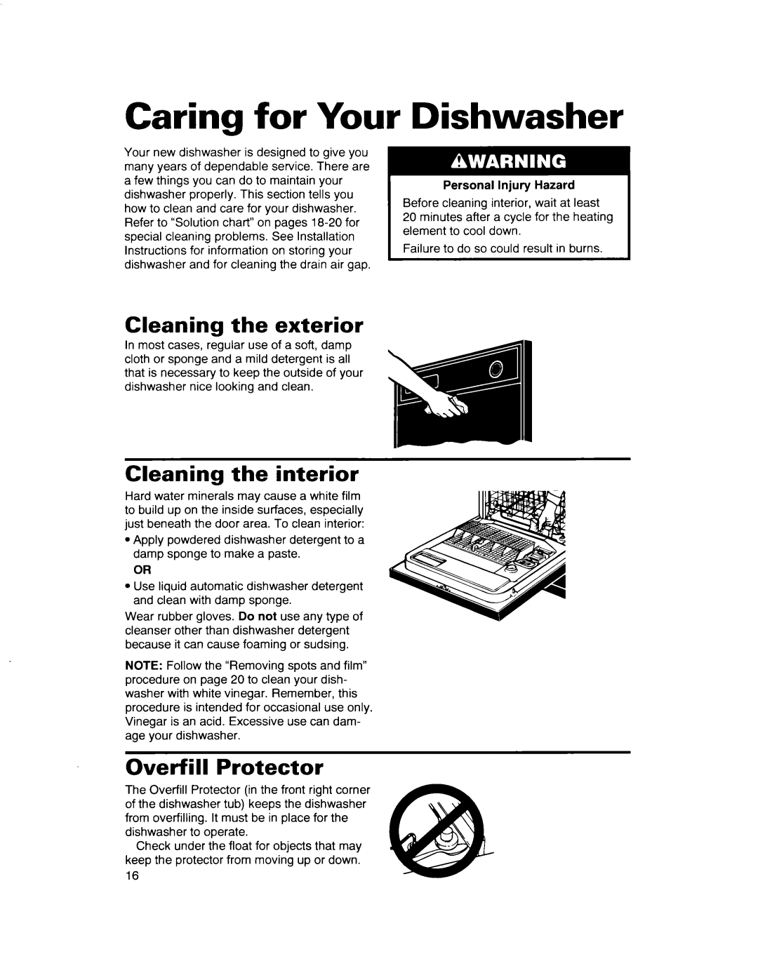 Whirlpool 900 Series warranty Caring for Your, Dishwasher, Cleaning the interior, Overfill Protector 