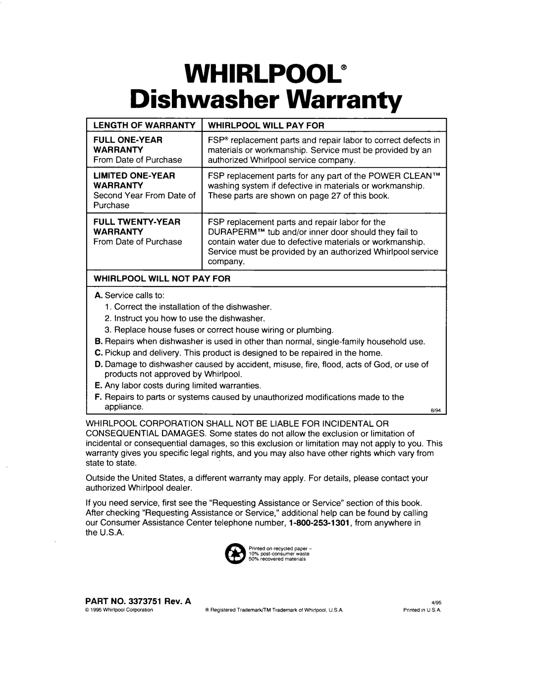 Whirlpool 900 Series warranty Warranty 