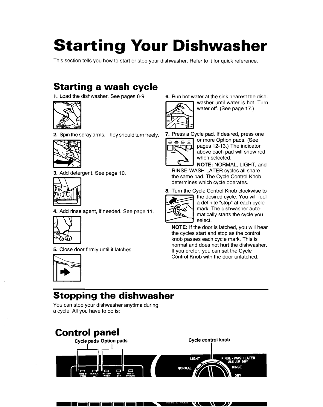 Whirlpool 900 Series warranty Starting Your Dishwasher, Starting a wash cycle, Stopping the dishwasher 