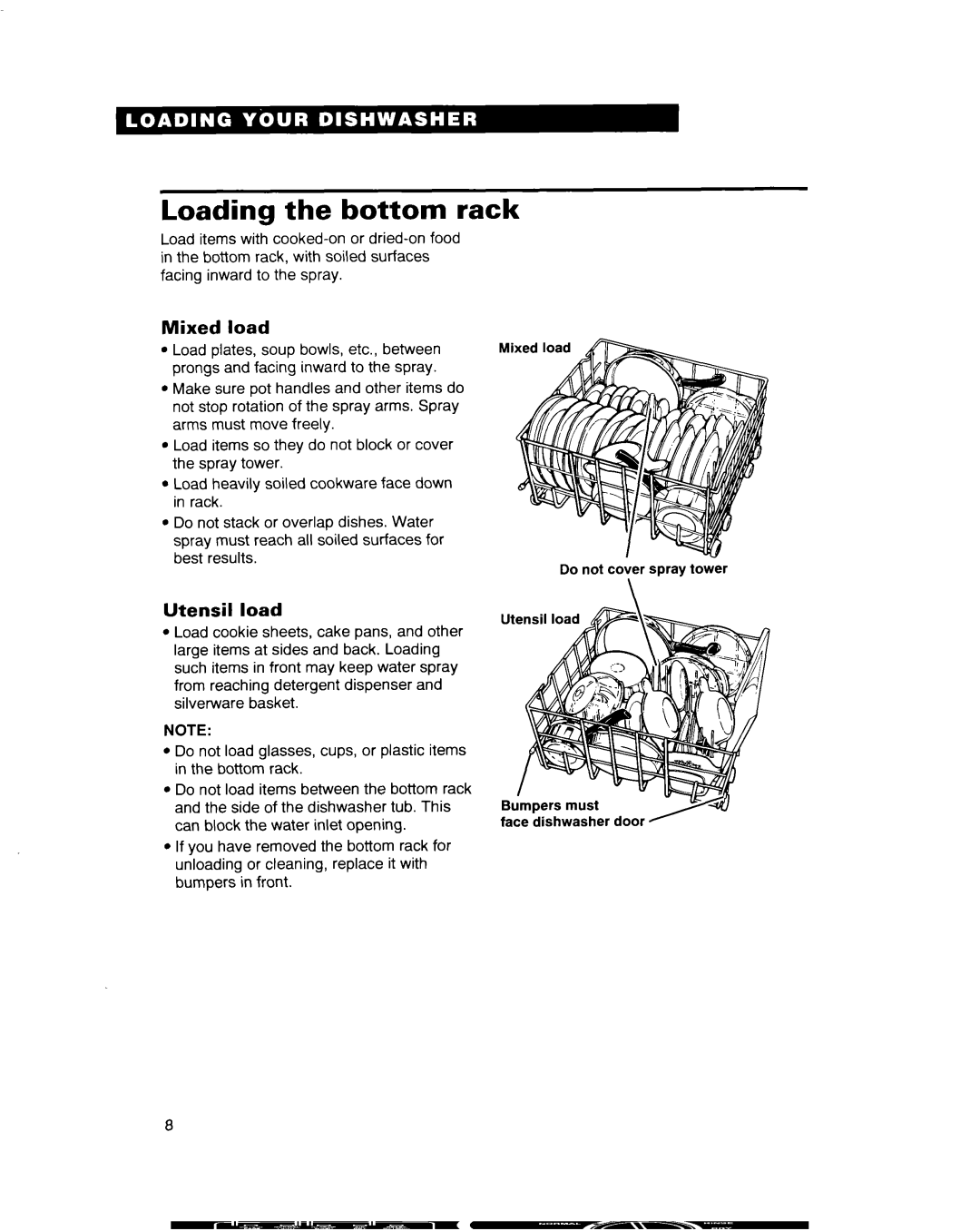 Whirlpool 900 Series warranty Loading the bottom rack, Mixed load, Utensil load 