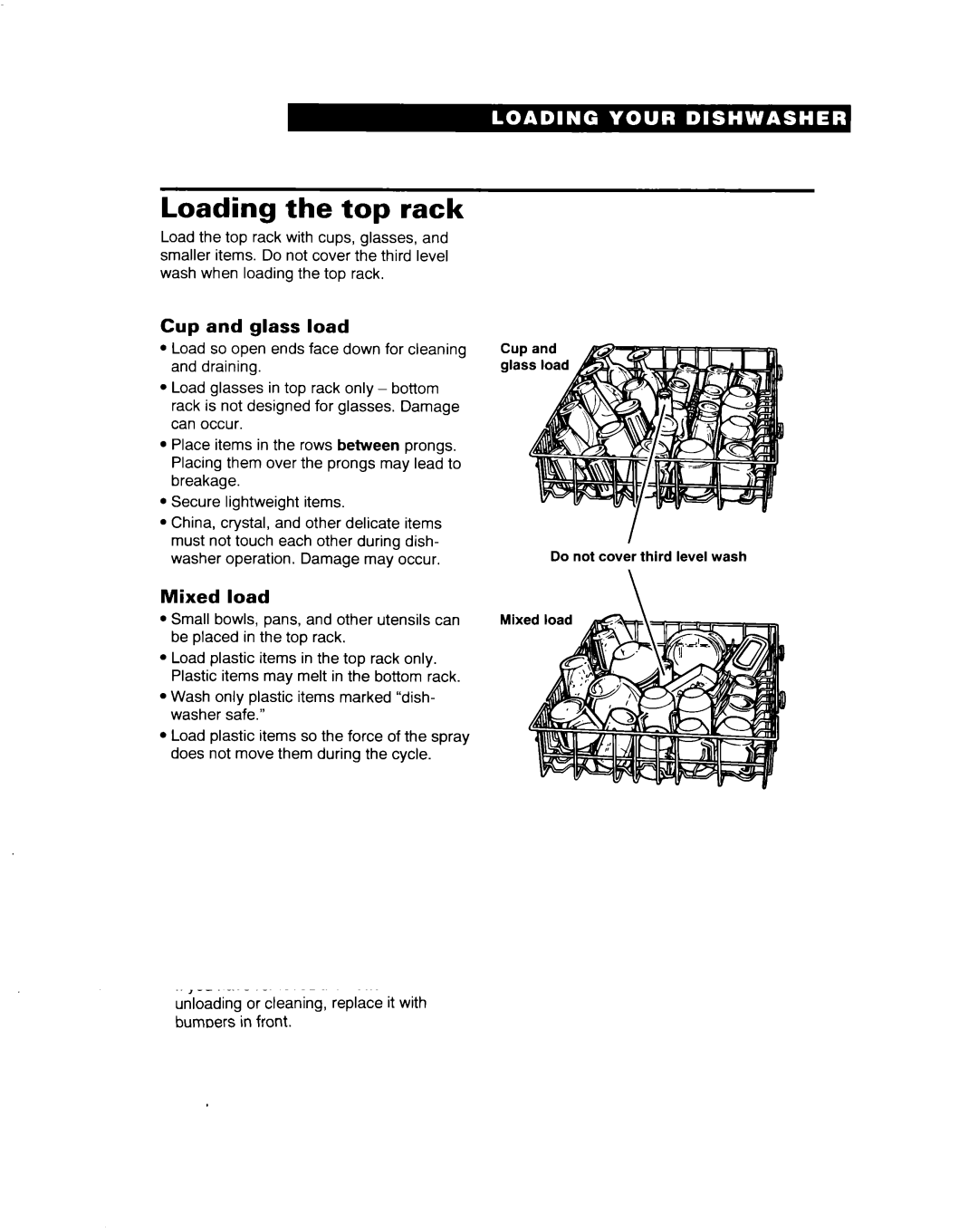 Whirlpool 900 Series warranty Loading the top rack, Cup and glass load 