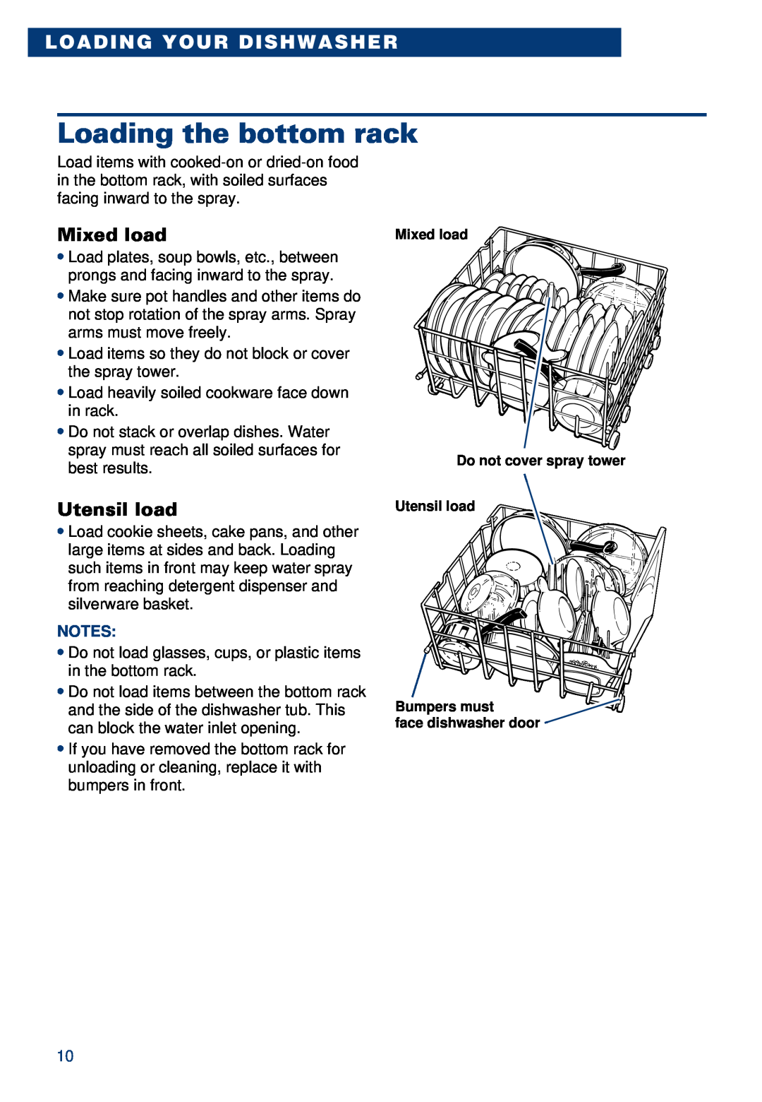 Whirlpool 900 warranty Loading the bottom rack, Mixed load, Utensil load, Loading Your Dishwasher 
