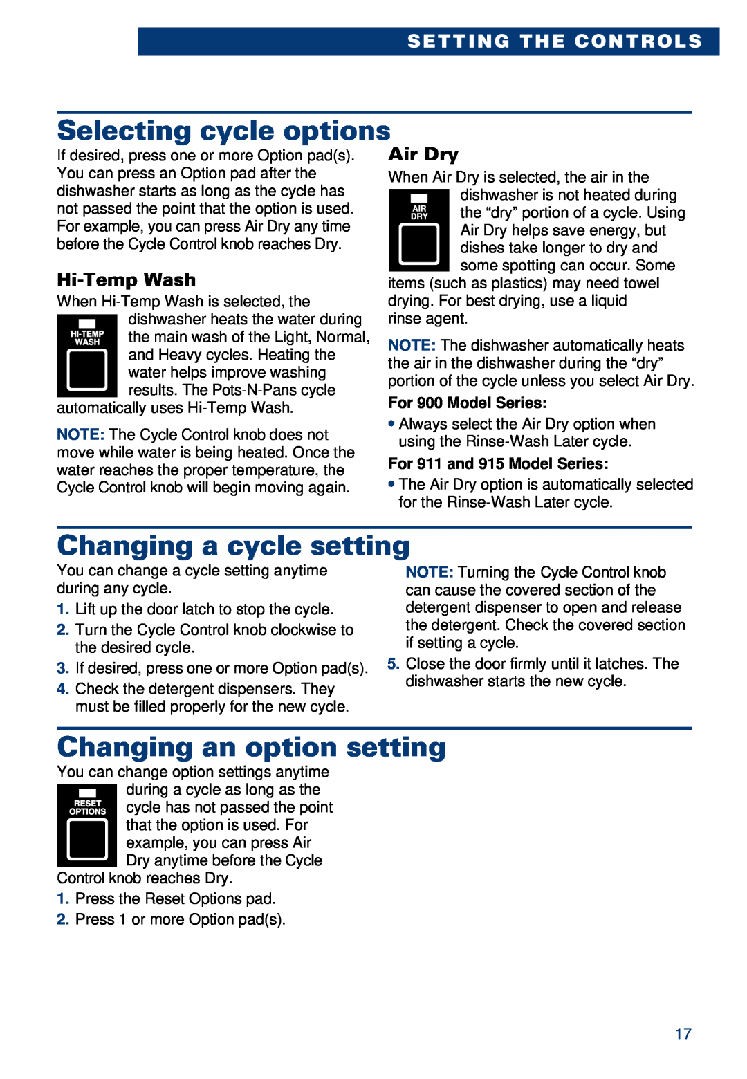 Whirlpool 900 warranty Selecting cycle options, Changing a cycle setting, Changing an option setting, Hi-Temp Wash, Air Dry 