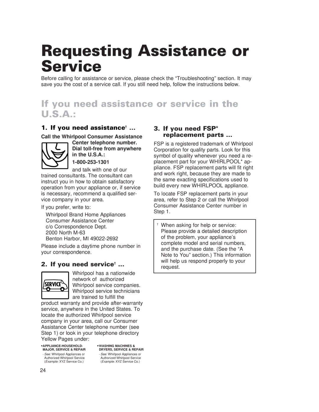 Whirlpool 910 Series warranty Requesting Assistance or Service, If you need assistance or service in the U.S.A 