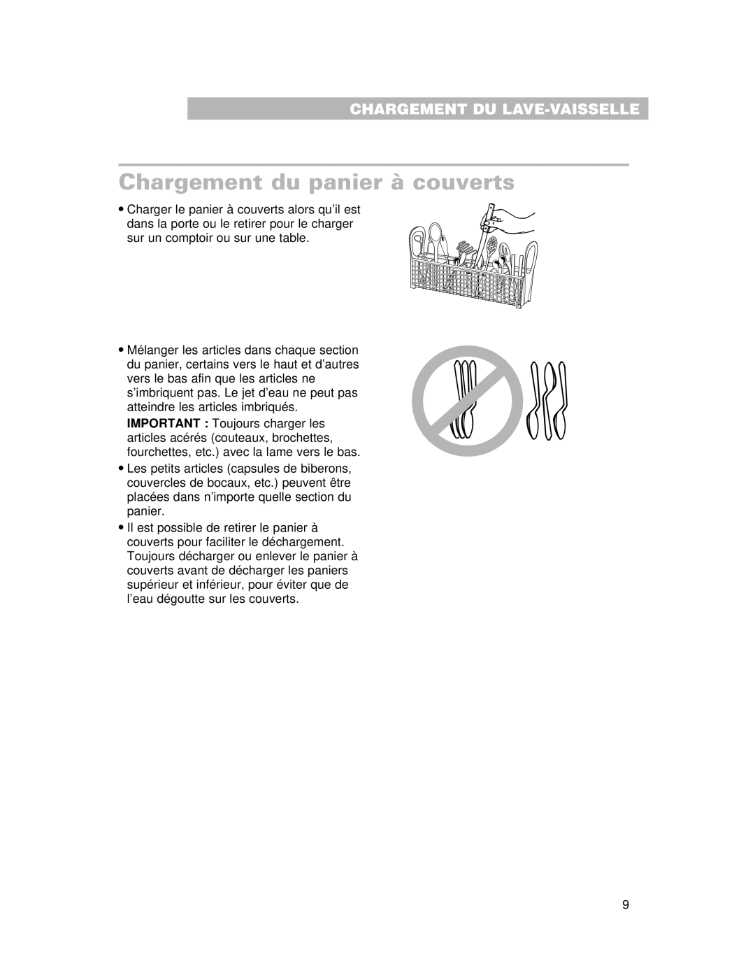 Whirlpool 910 Series warranty Chargement du panier à couverts 