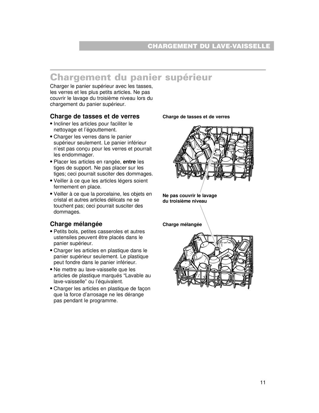 Whirlpool 910 Series warranty Chargement du panier supérieur, Charge de tasses et de verres 