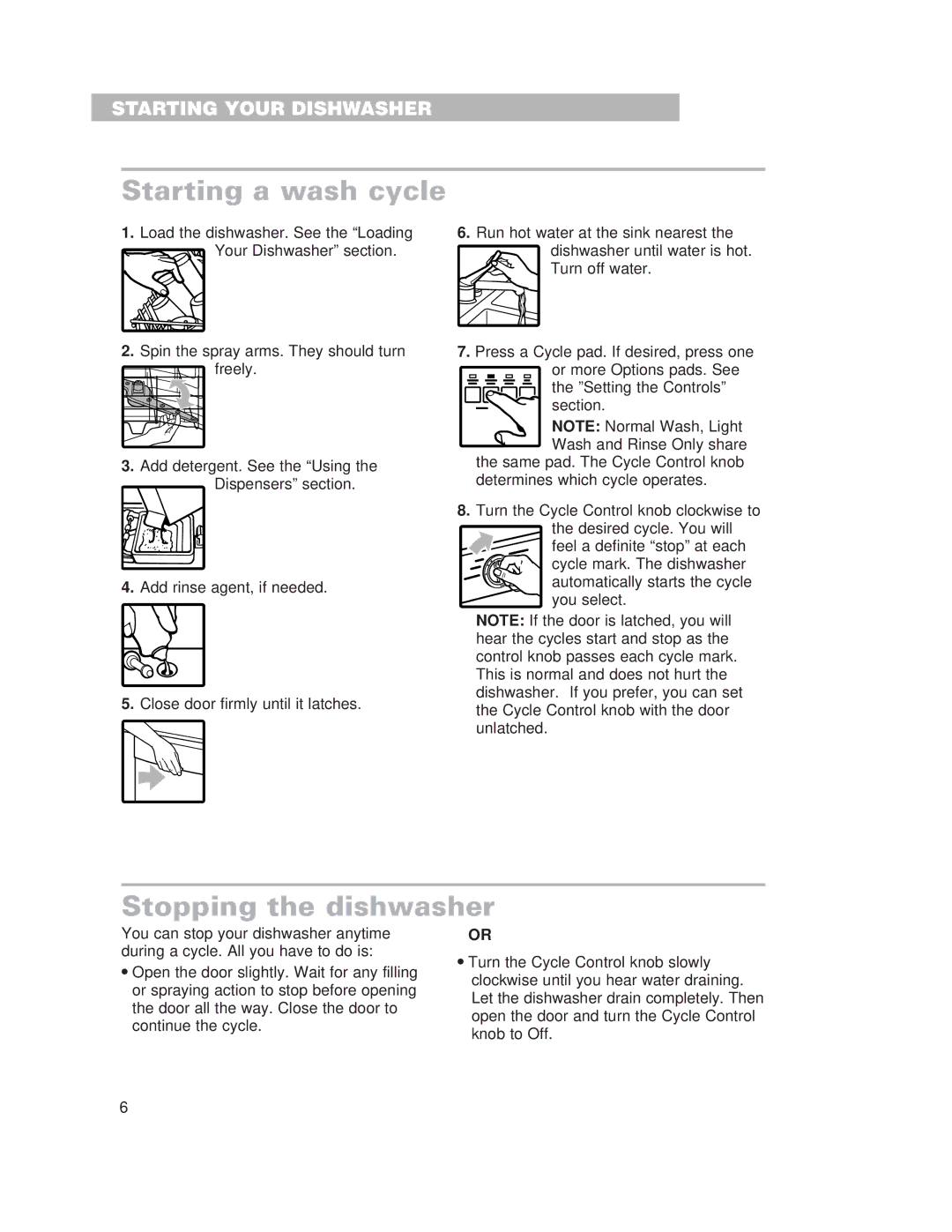 Whirlpool 910 Series warranty Starting a wash cycle, Stopping the dishwasher 