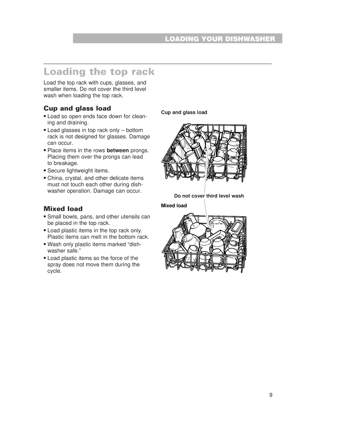 Whirlpool 910 Series warranty Loading the top rack, Cup and glass load 