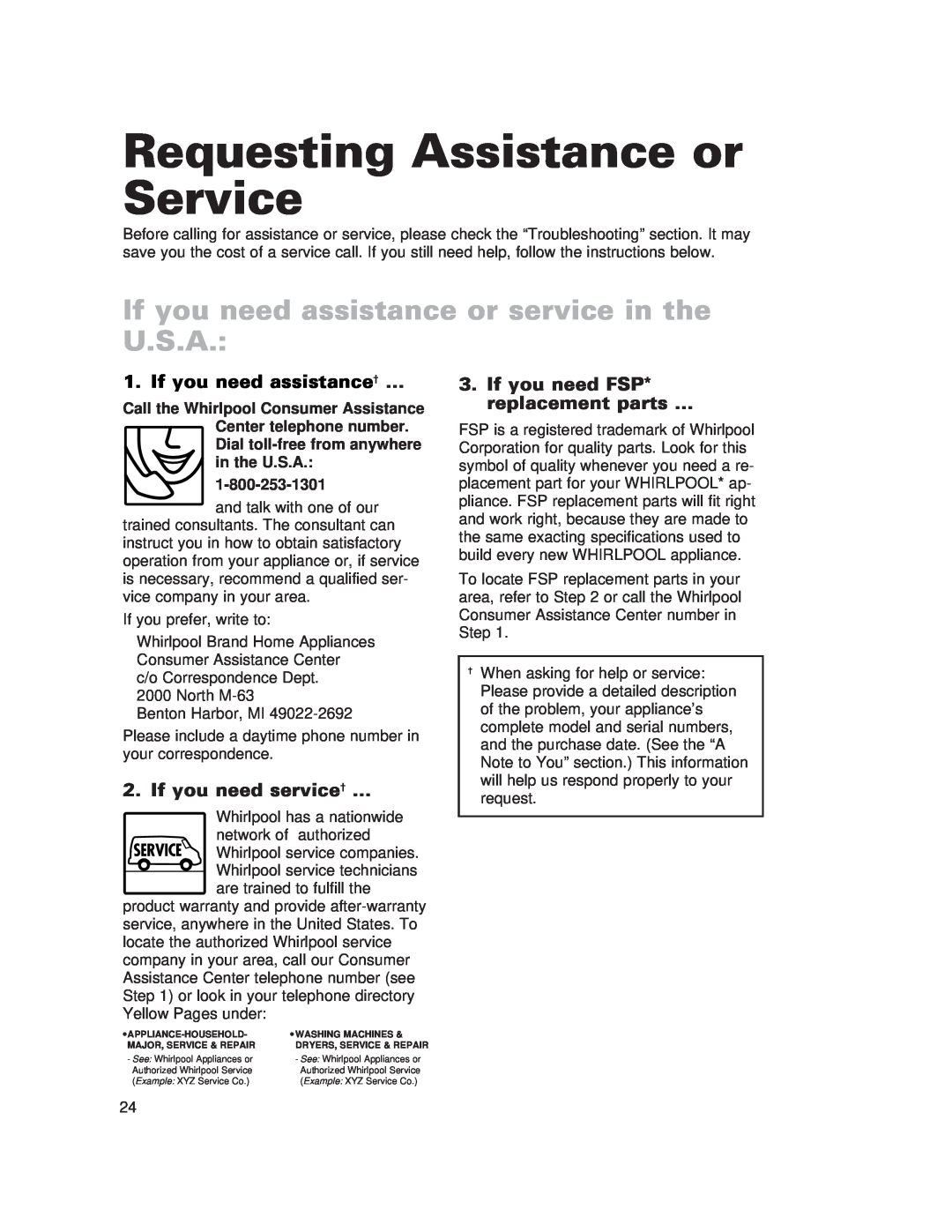 Whirlpool 910 Series warranty Requesting Assistance or Service, If you need assistance or service in the U.S.A 