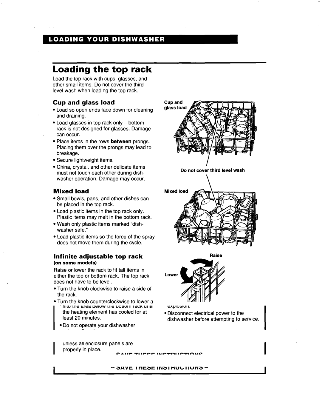 Whirlpool 915 warranty Loading the top rack, Cup and glass load, Infinite Adjustable Top rack 