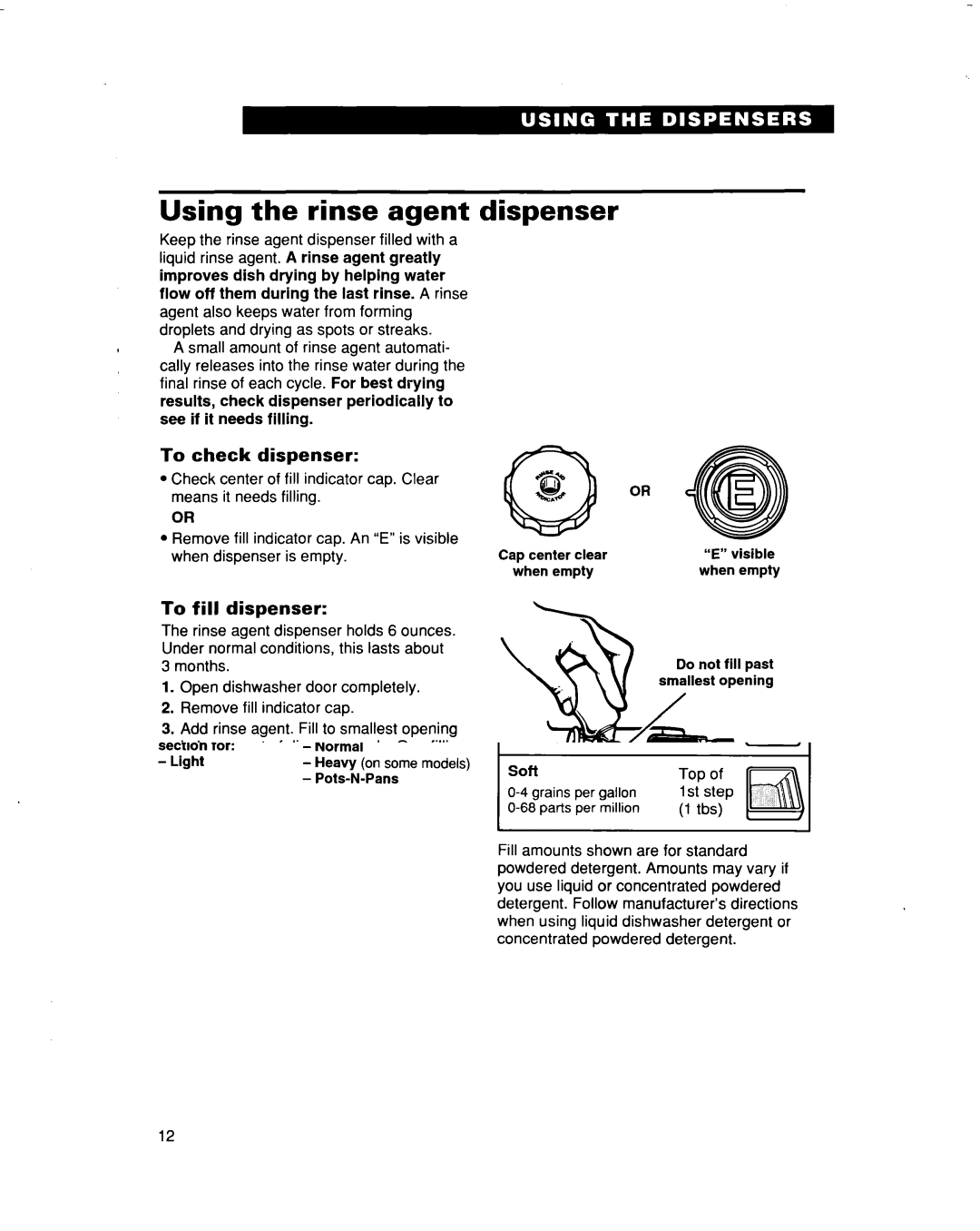 Whirlpool 915 warranty Using the rinse agent dispenser, To check dispenser, To fill dispenser 