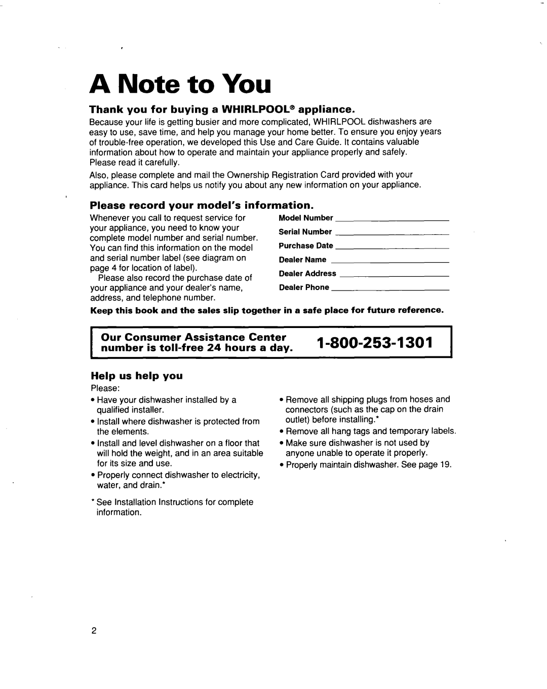 Whirlpool 915 warranty A Note to You 
