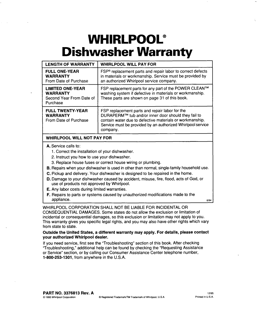Whirlpool 915 warranty Whirlpool”, Warranty, Dishwasher 