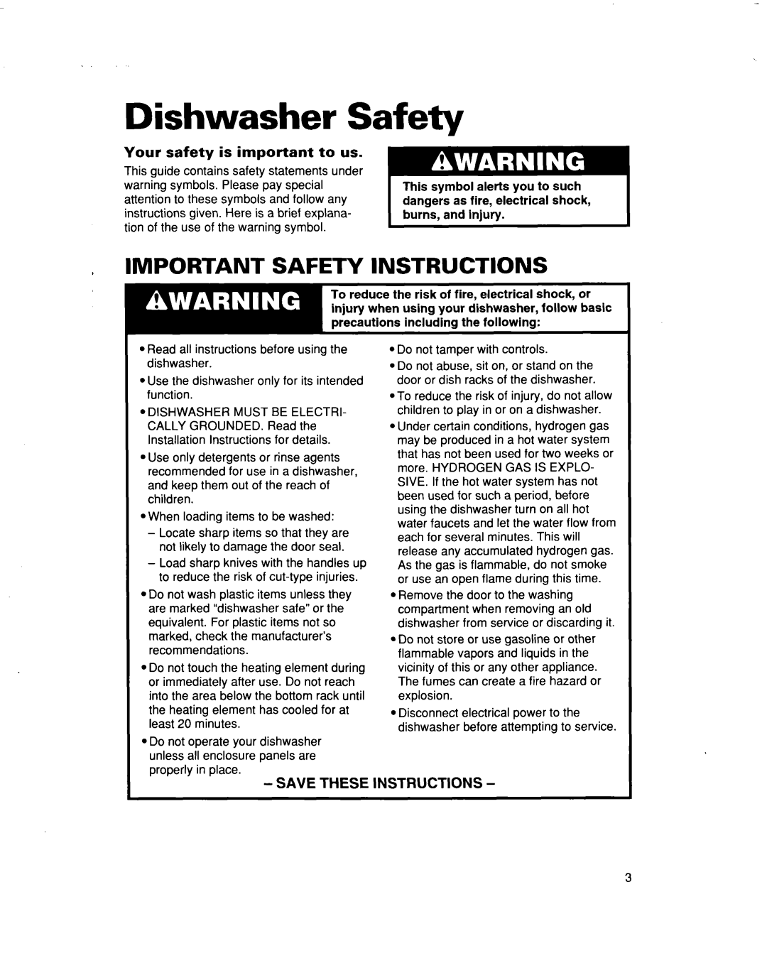 Whirlpool 915 warranty Dishwasher Safety, Important Safety Instructions 