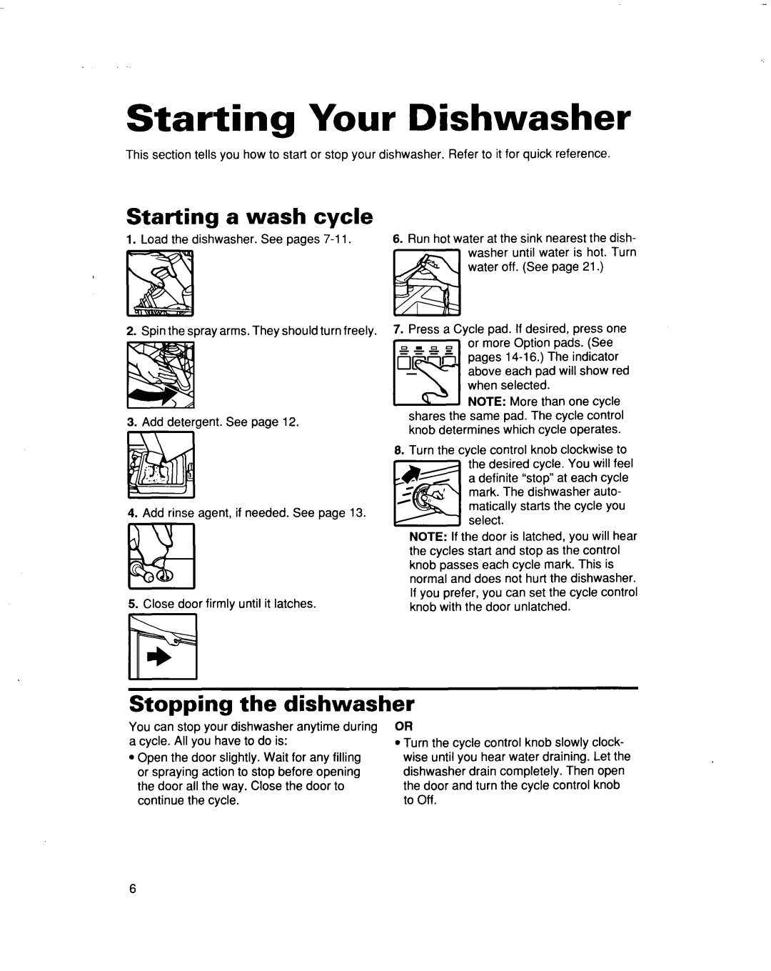Whirlpool 915 warranty Starting Your Dishwasher, Starting a wash cycle, Stopping the dishwasher 