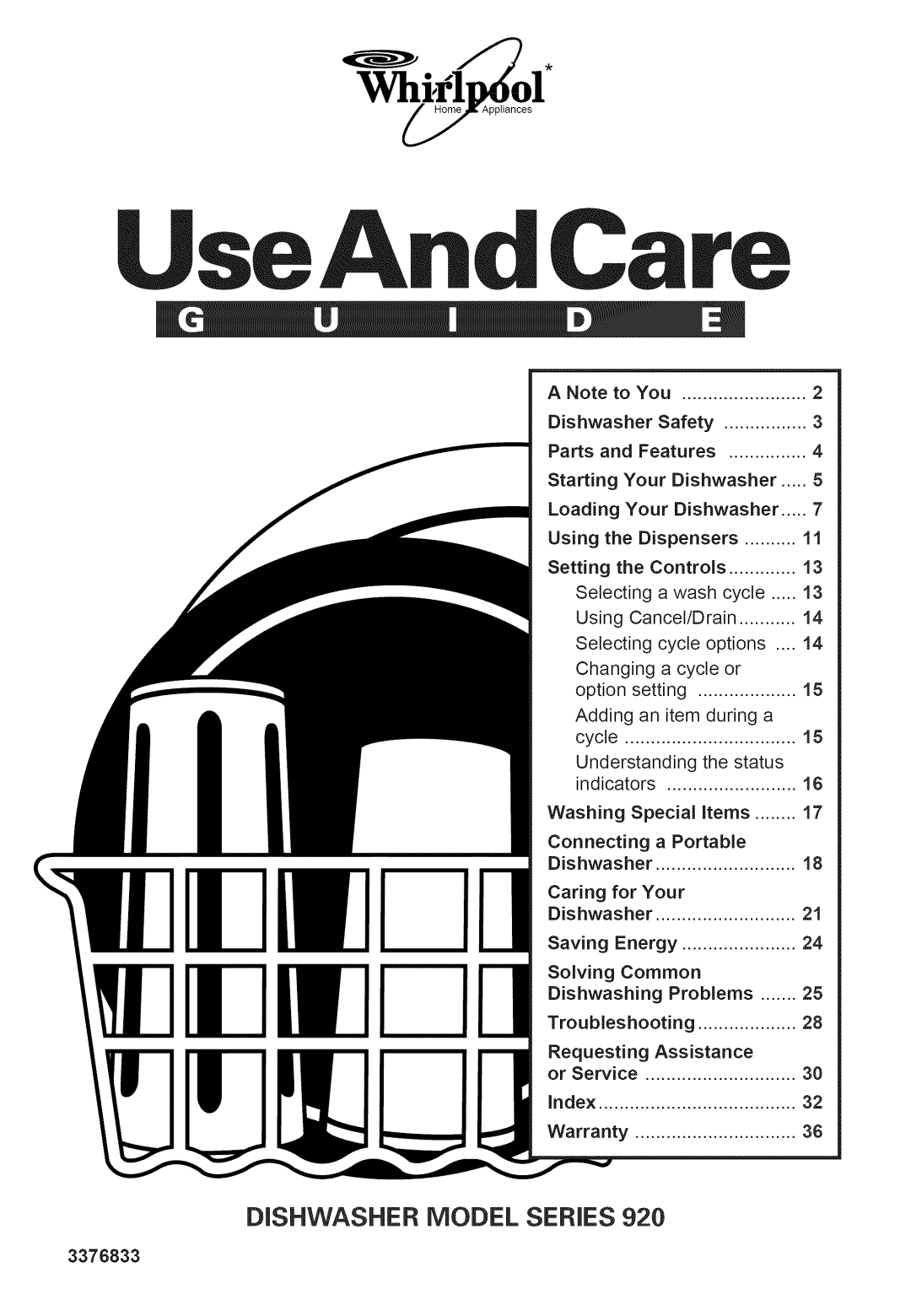 Whirlpool 920 warranty Dishwasher Model Series 