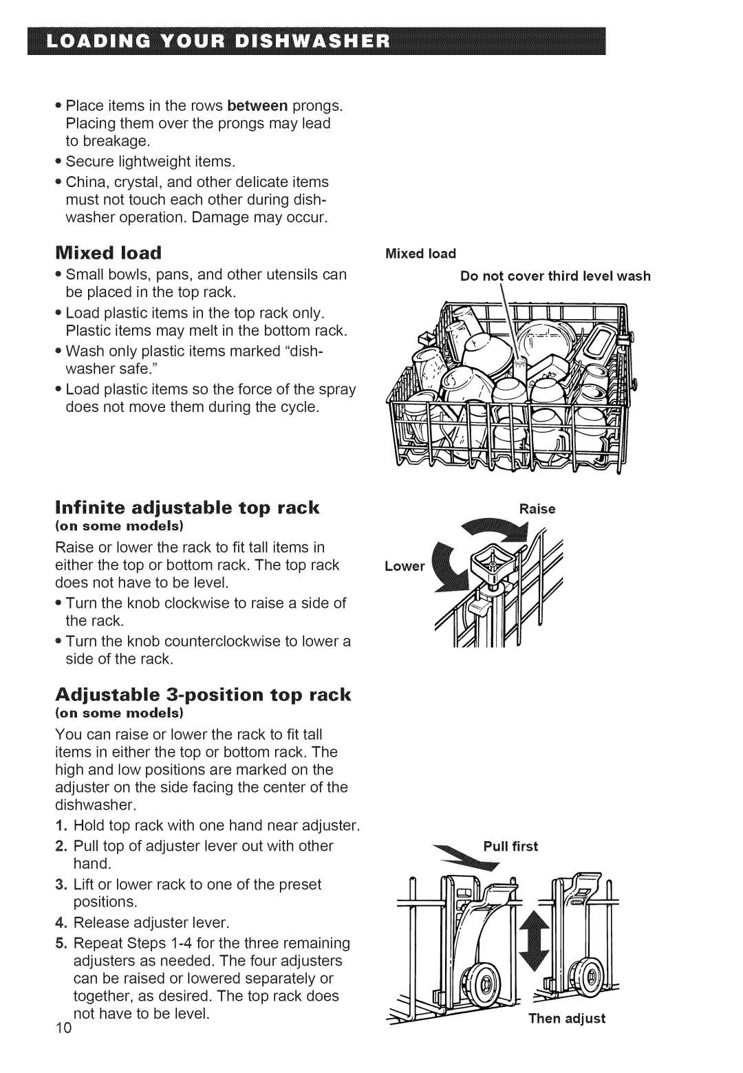 Whirlpool 920 warranty Infinite adjustable top rack, Adjustable 3=position top rack, On some models 