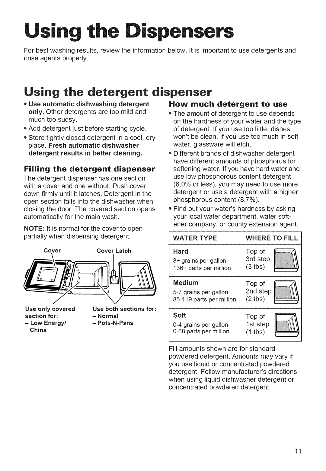 Whirlpool 920 warranty Spensers, Filling the detergent dispenser, How much detergent to use 