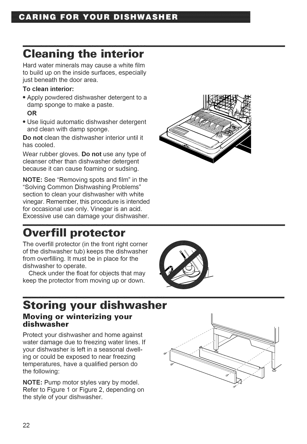 Whirlpool 920 Cleaning the interior, Overfill protector, Storing your dishwasher, Moving or winterizing your dishwasher 