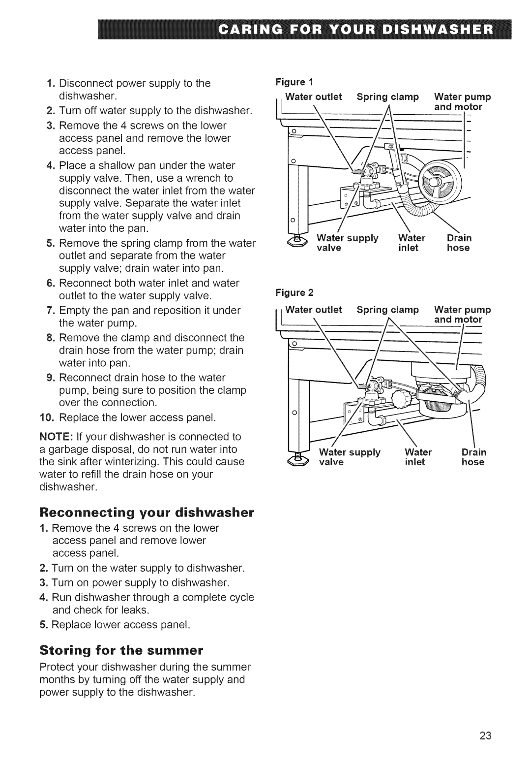 Whirlpool 920 warranty Storing for the summer, Reconnecting your dishwasher 