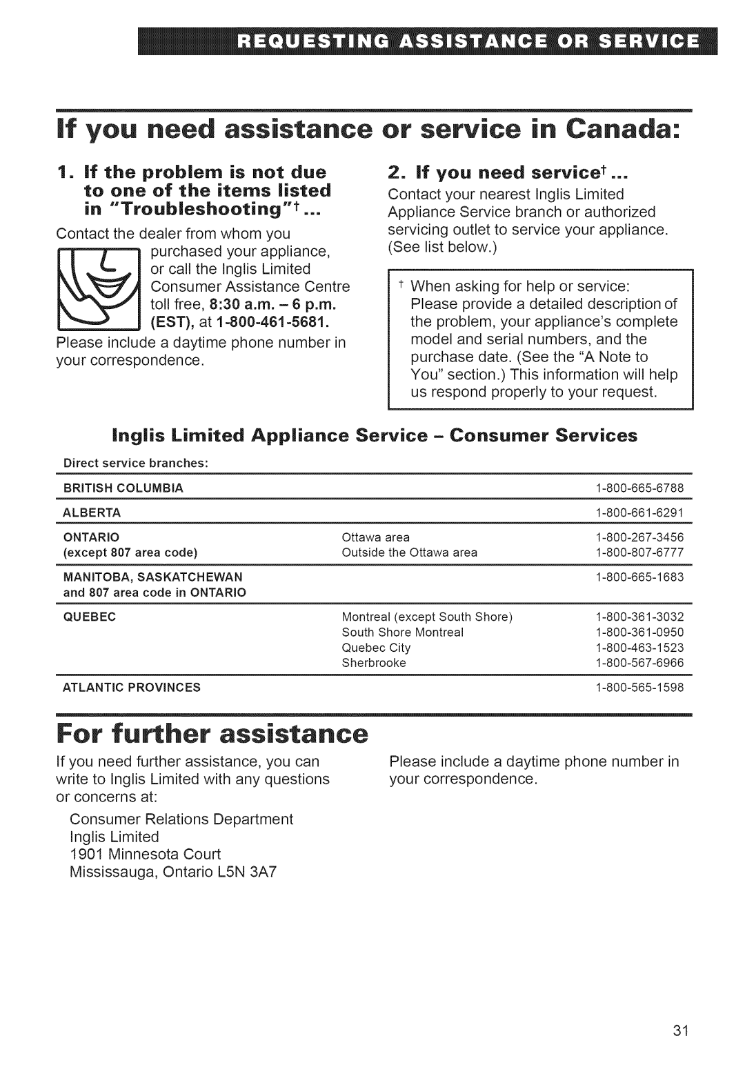 Whirlpool 920 warranty If you need assistance, Or service in Canada, Rigis Limited Appliance Service Consumer Services 