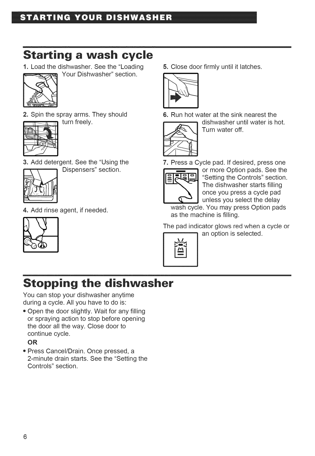 Whirlpool 920 warranty Starting a wash cycle, Stopping the dishwasher 