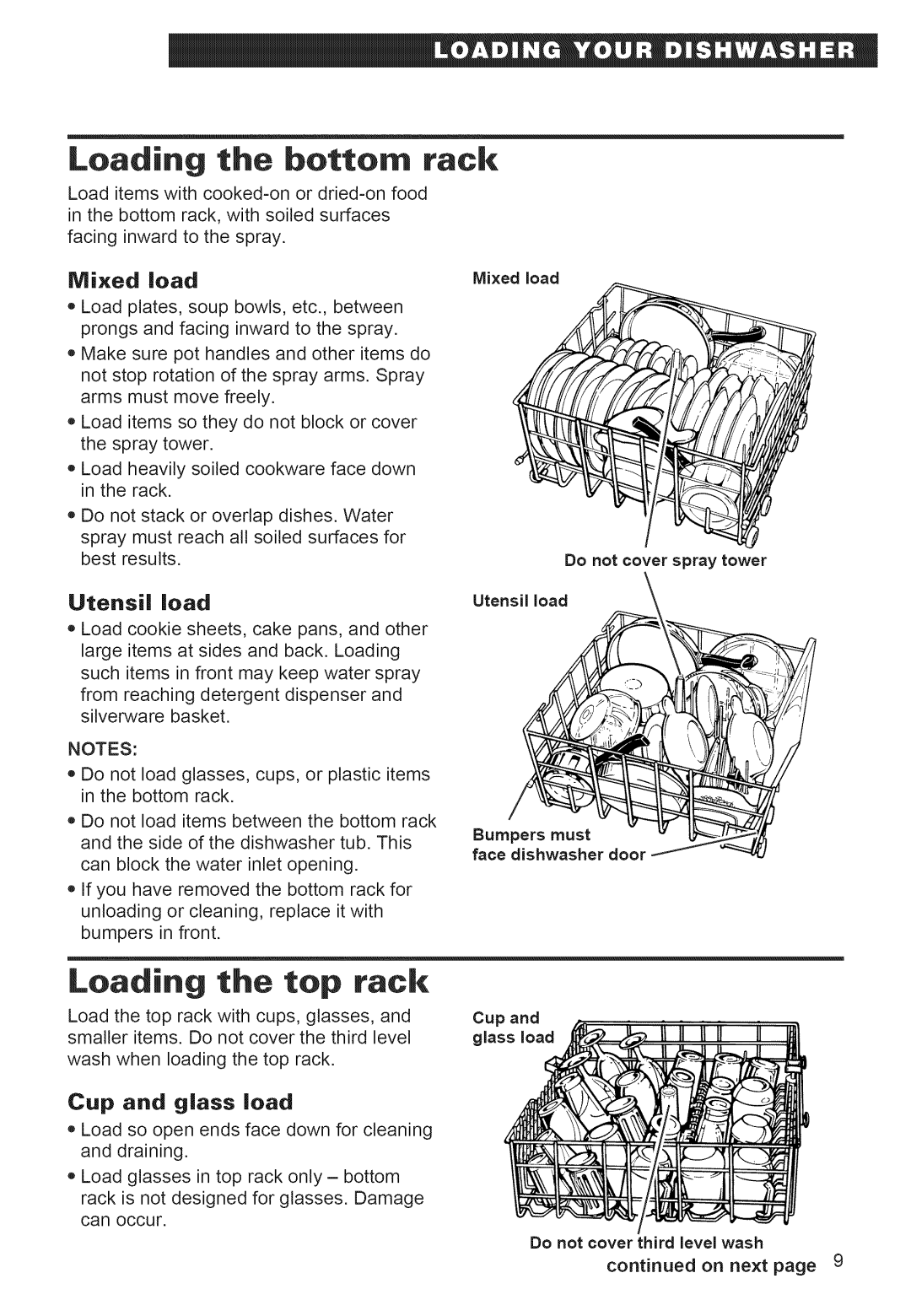 Whirlpool 920 warranty Loading the bottom rack, Loading the top rack, Mixed load, Utensil Load, Cup and glass load 