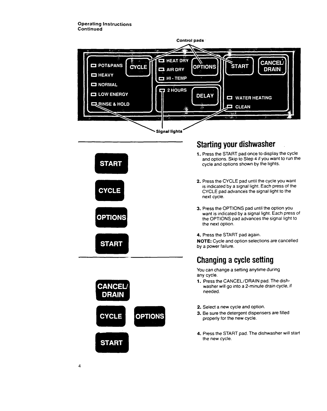 Whirlpool 9200 SERIES manual Startingyour dishwasher, Changinga cycle setting, Operating Instructions 