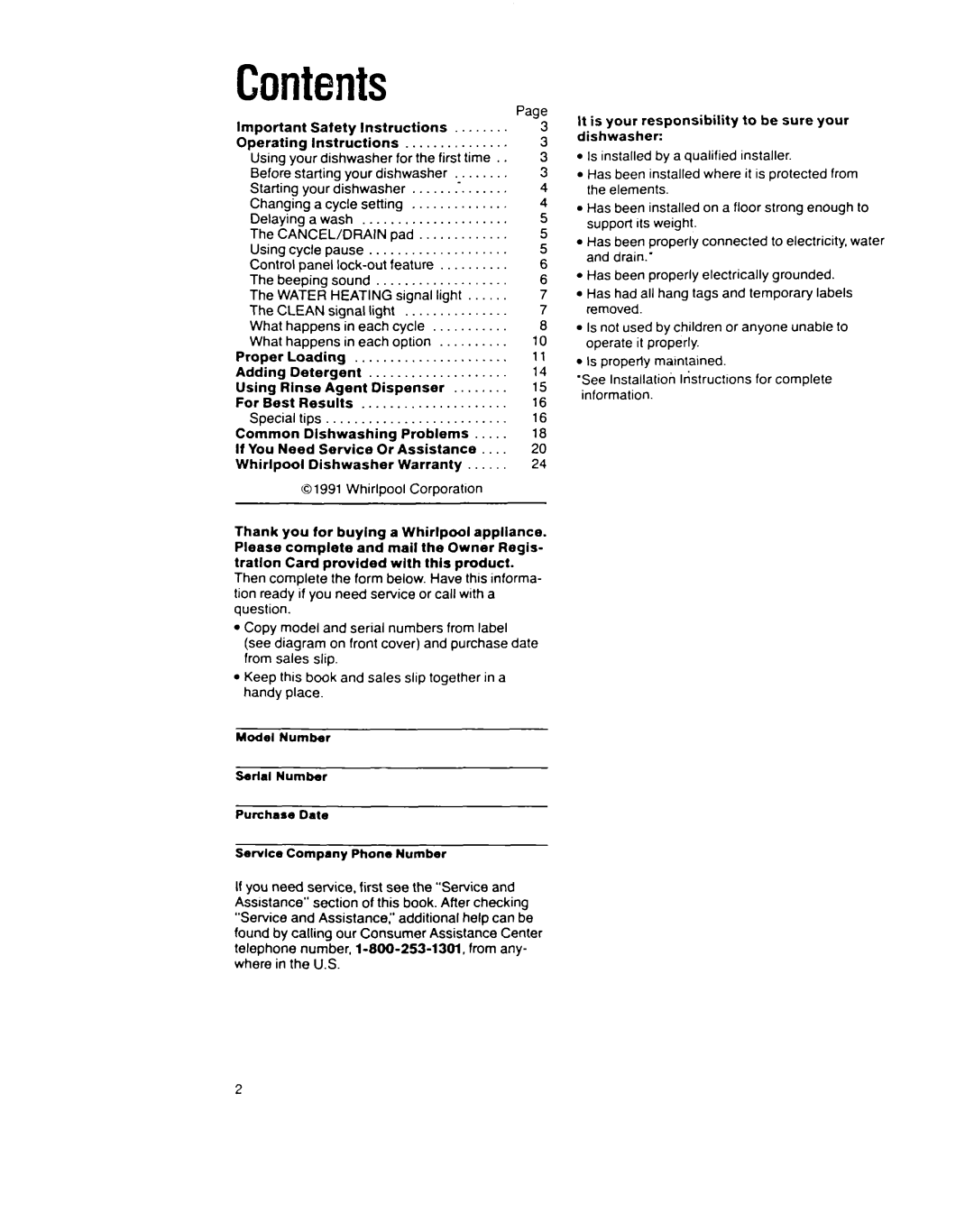 Whirlpool 9200 SERIES manual Contents 