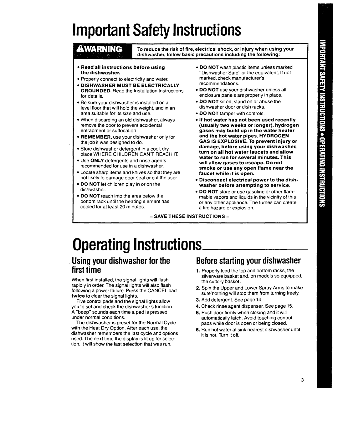 Whirlpool 9200 SERIES manual ImportantSafetyInstructions, OperatingInstructions, Usingyour dishwasher for the first time 