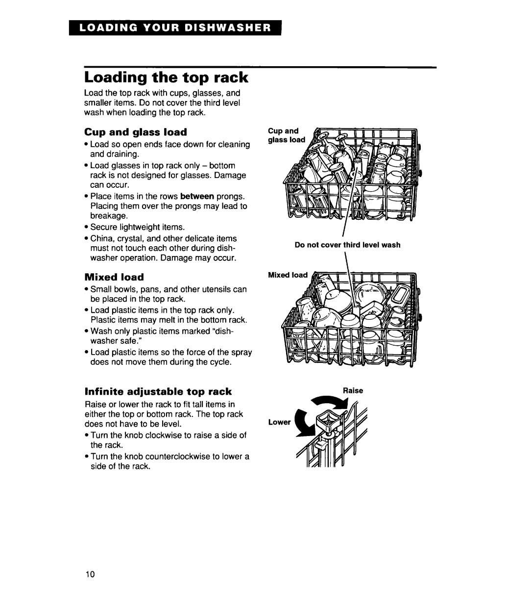 Whirlpool 930 warranty Loading the top rack, Cup and glass load, Infinite adjustable top rack 