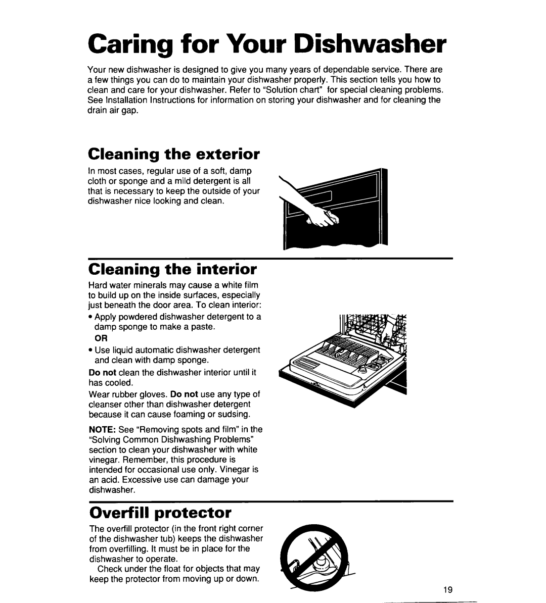 Whirlpool 930 warranty Cleaning the exterior Cleaning the interior, Overfill protector 