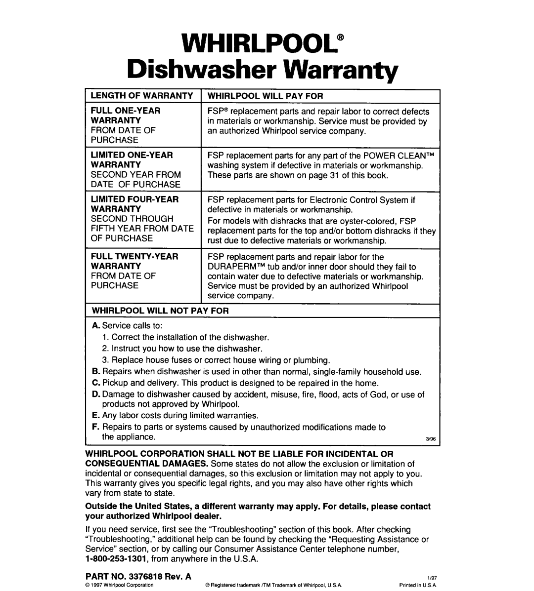 Whirlpool 930 Dishwasher Warranty, Length of Warranty Full ONE-YEAR, Whirlpool will PAY for, Whirlpool will not PAY for 