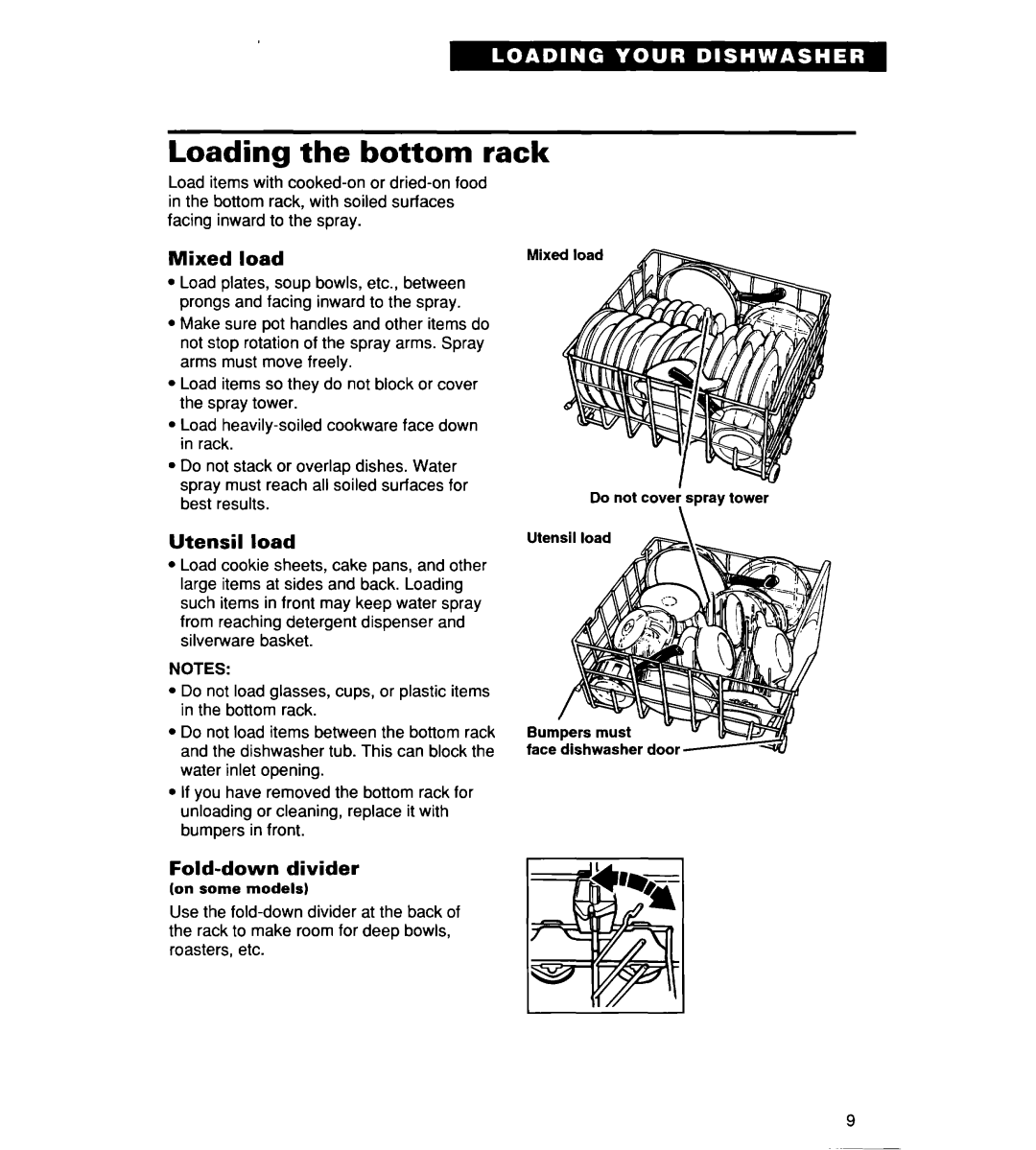 Whirlpool 930 warranty Loading the bottom rack, Mixed load, Utensil load, Fold-down divider 