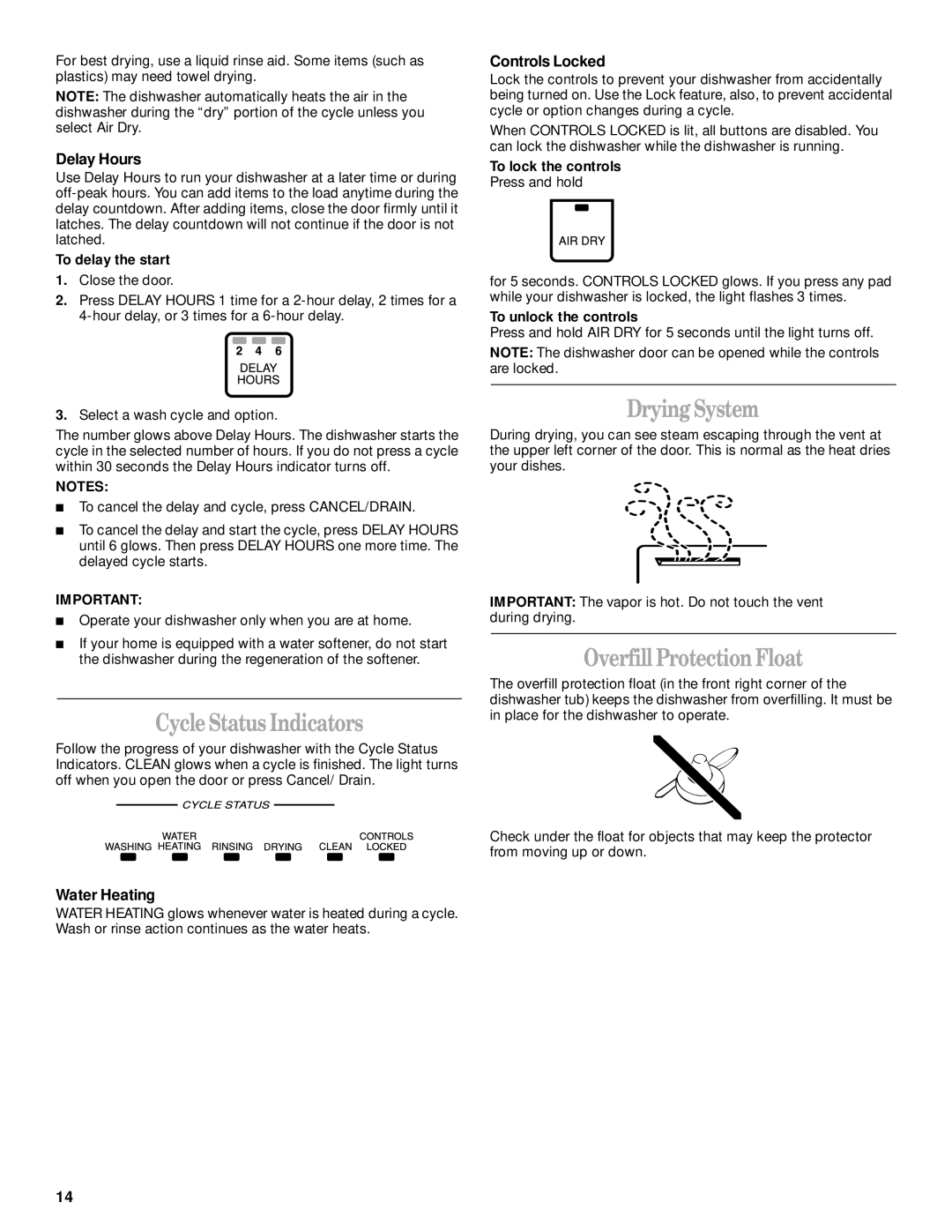 Whirlpool 931, 1000 manual Cycle Status Indicators, Drying System, Overfill Protection Float, Delay Hours, Water Heating 