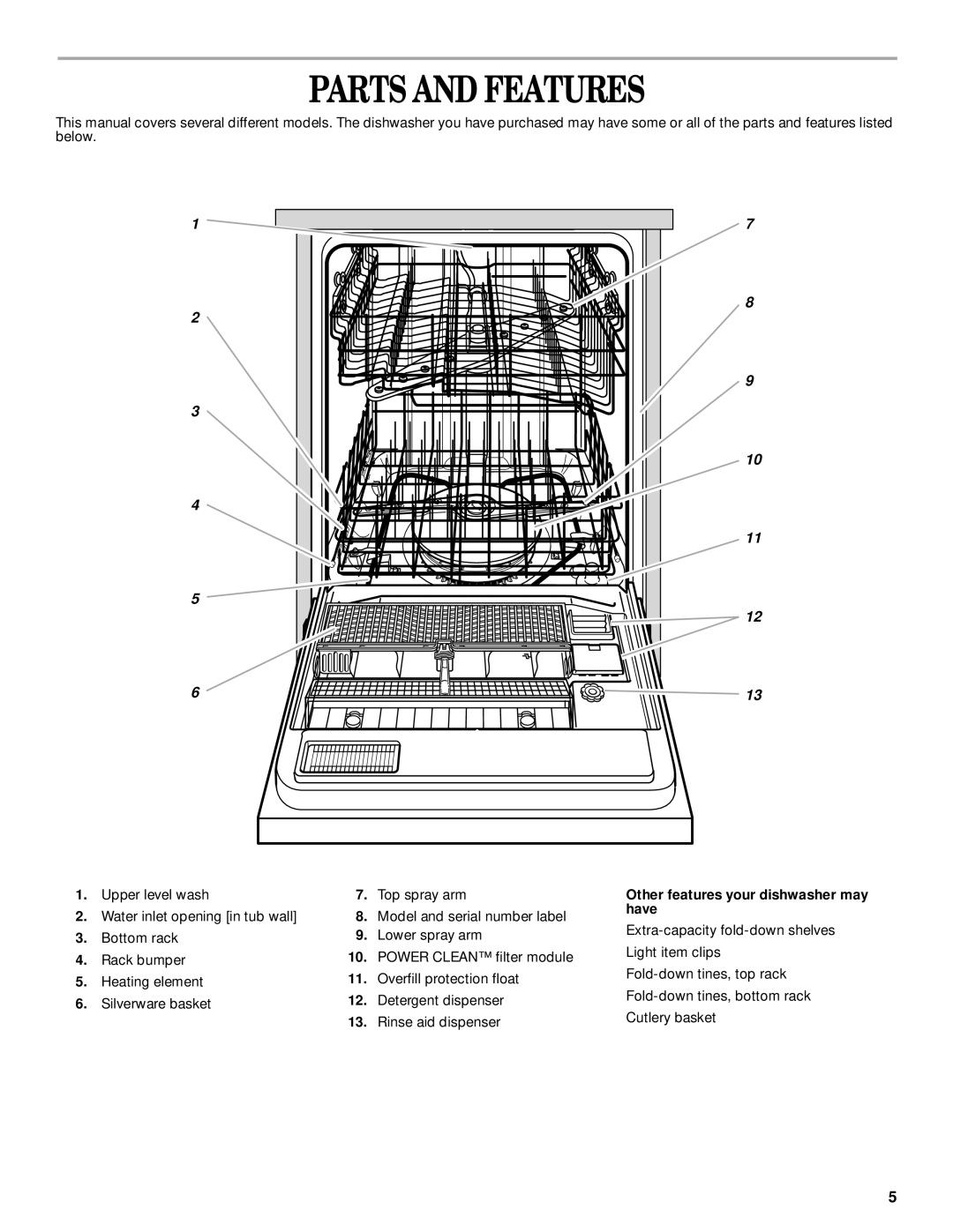 Whirlpool 1000, 931 manual Parts And Features, Other features your dishwasher may have 