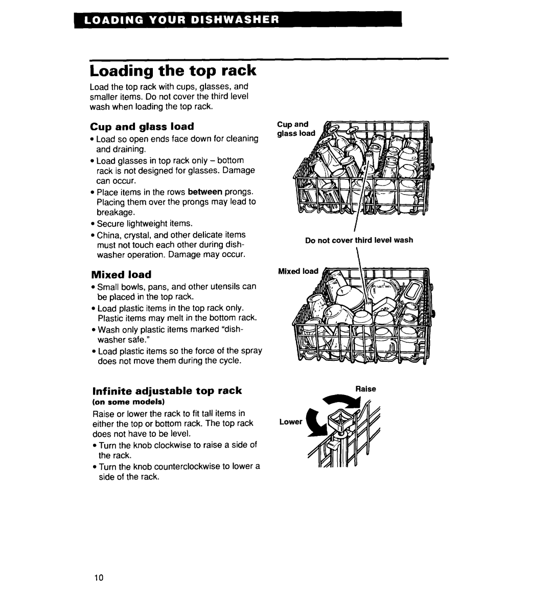 Whirlpool 927 Series, 935 Series, 930 Series warranty Loading the top rack, Cup and glass load, Infinite Adjustable Top rack 